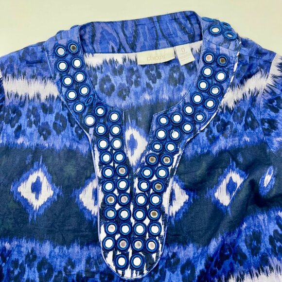 Chico's Blue White Ikat Print Tunic Blouse V-Neck 3/4 Sleeve - Picture 4 of 7